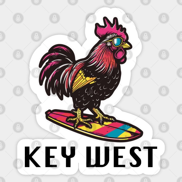 Key West Florida - Surfing Rooster (with Black Lettering) Sticker by VelvetRoom